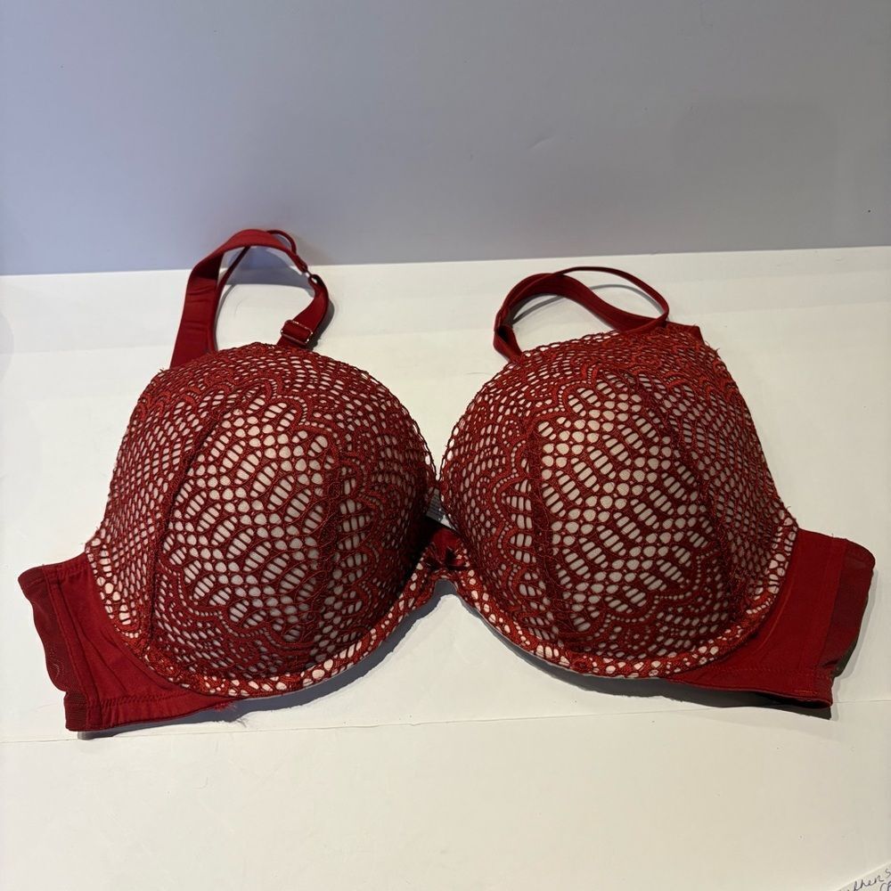 Cacique Cotton Boost Plunge Elegant Dark Red Lace Bra UW Padded Size 44C